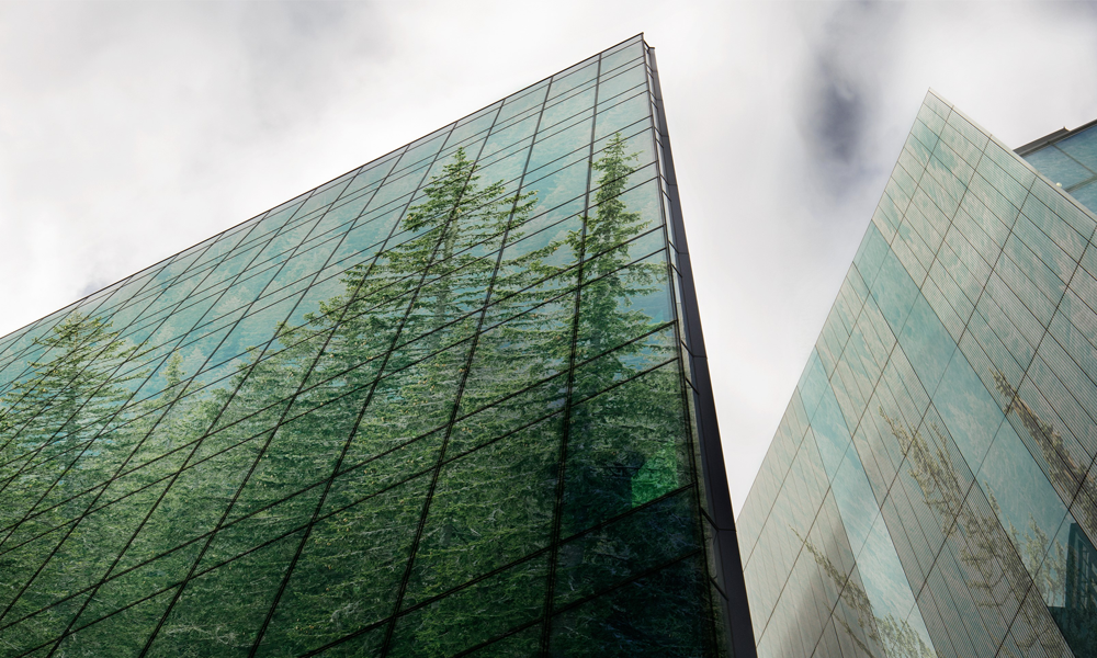 shard building with trees reflected from windows