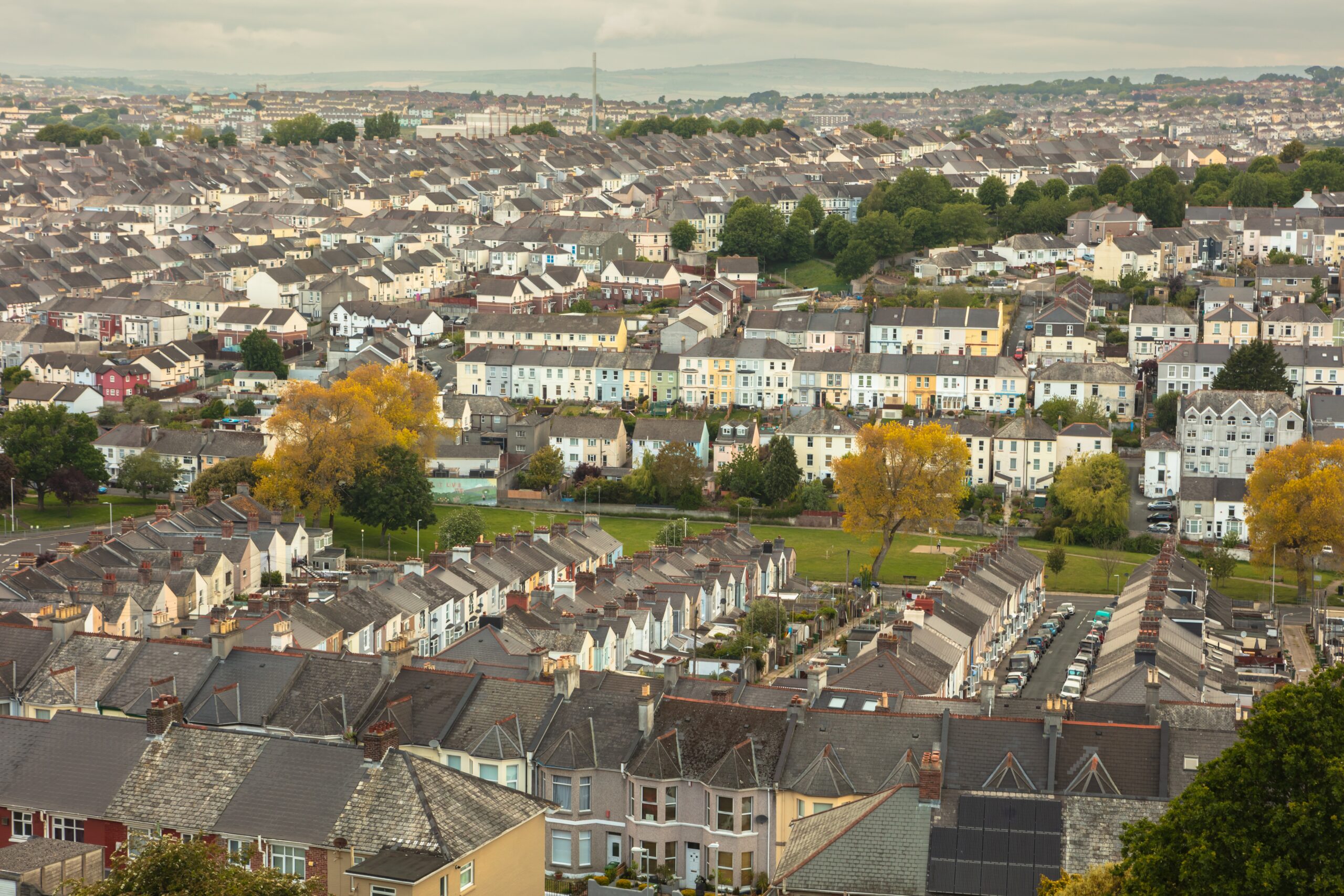 aerial view of town and houses