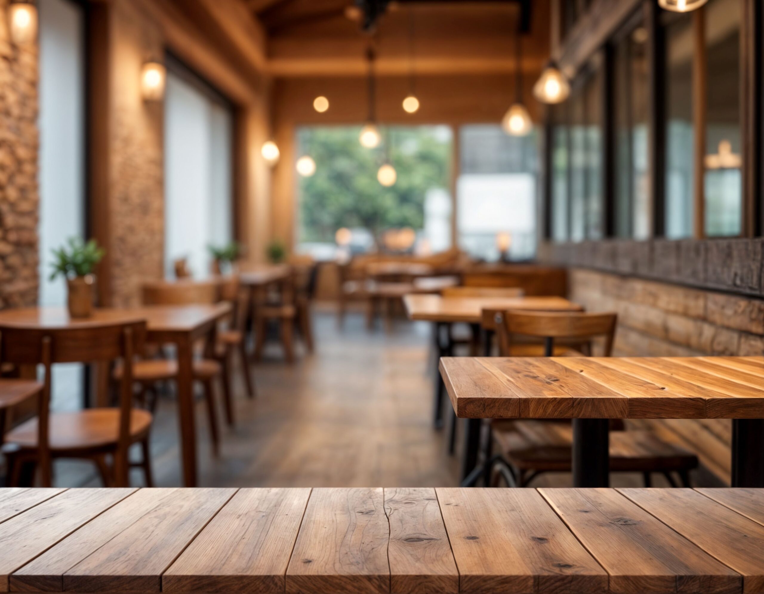 wooden tables in a cafe setting